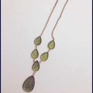 Green Sparkly Drop Tier Brass tone Necklace